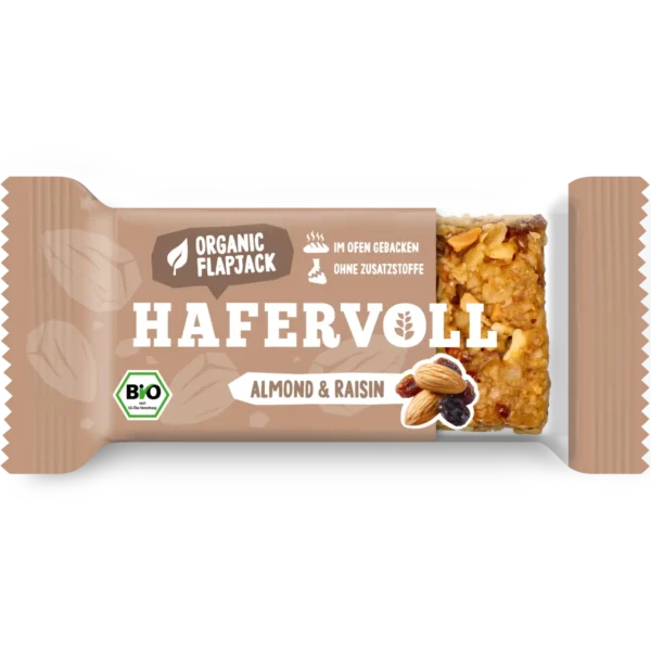 HAFERVOLL Organic Flapjack Almond & Raisin 60g – Riegel in der Verpackung