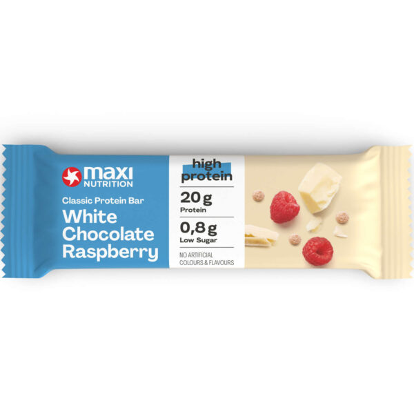 MaxiNutrition Classic Protein Bar White Chocolate Raspberry 40g – Riegel in der Verpackung mit weißer Schokolade und Himbeere