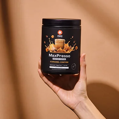 MaxiNutrition MaxPresso Protein Kaffee Caramel Coffee 300g – Dose in der Hand